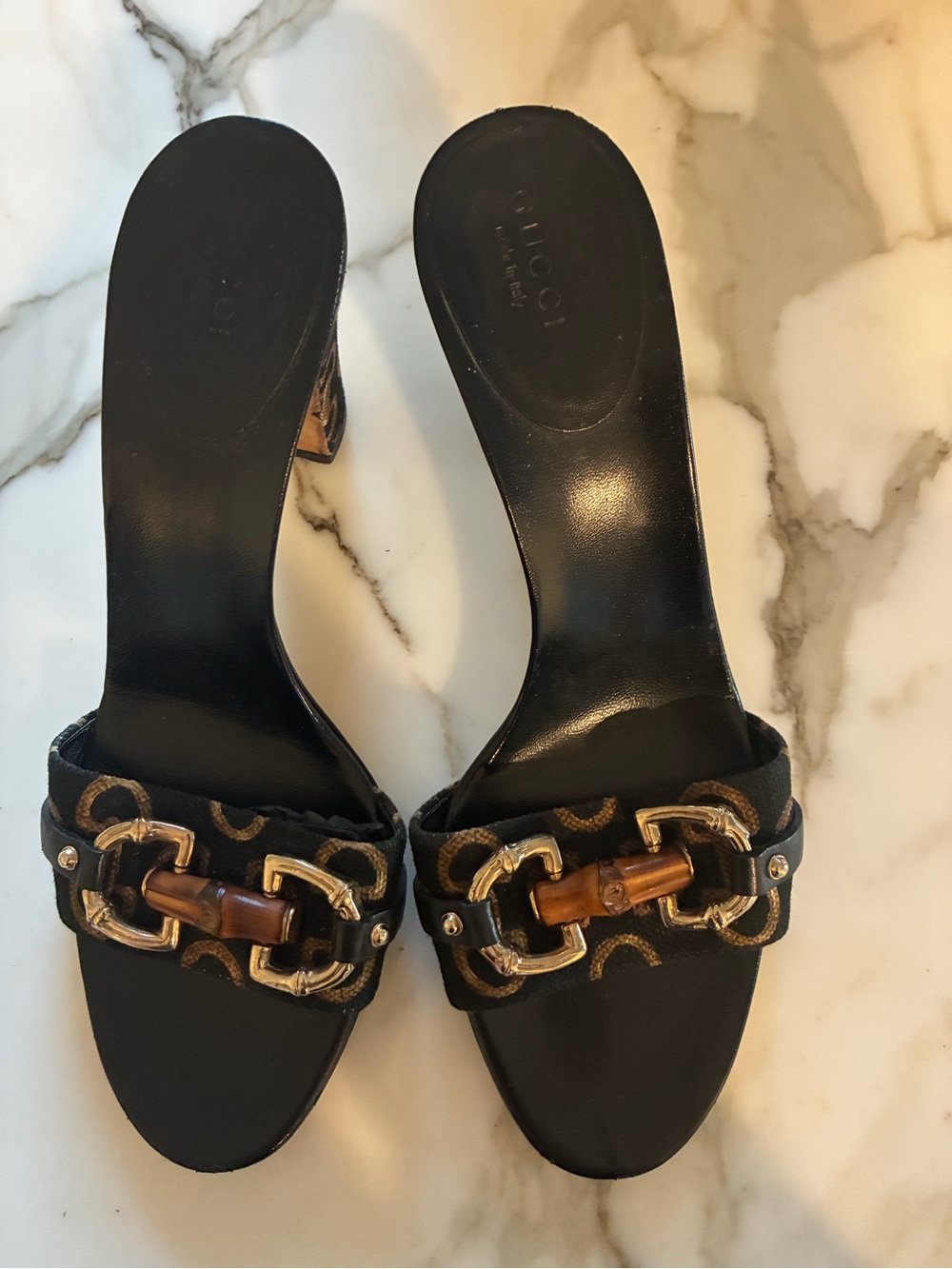 Gucci Black Slide Sandals with Bamboo & Gold Chain Detail
